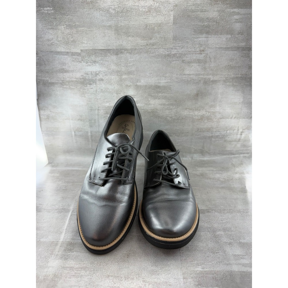 Clarks Collection Metallic Pewter Leather Wedge Oxfords Women Sz 9W 261363645065